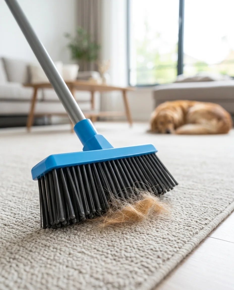 Balai Multifonction TROVIKAO regroupant des poils d’animal sur un tapis clair